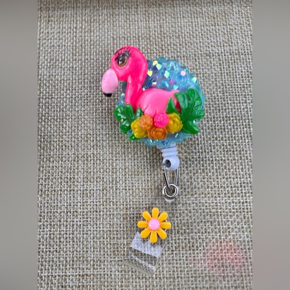 Handmade Accessories - Playful Pink Flamingo Card Holder Badge Reel with Floral Accent